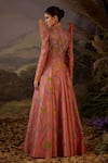 Shop_Samant Chauhan_Peach Silk Embroidery Mandarin Collar Floral Long Coat-style Cotton Gown _at_Aza_Fashions
