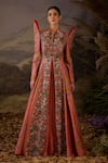 Buy_Samant Chauhan_Peach Silk Embroidery Mandarin Collar Floral Long Coat-style Cotton Gown _at_Aza_Fashions