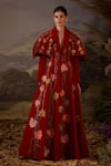Buy_Samant Chauhan_Red Velvet Embroidery Shawl Neck Floral Floor-length Maxi Evening Gown _at_Aza_Fashions