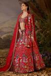 Shop_Samant Chauhan_Red Silk, Organza Embroidery, Zari V-neck Zardozi And Cotton Lehenga Set 