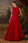 Buy_Samant Chauhan_Red Silk, Cotton, Net Embroidery, Zari Round High-low And Dori Zardosi Gown _at_Aza_Fashions