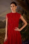 Samant Chauhan_Red Silk Beads, Fringe High Neck Embellished Pleated Cotton Floor-length Gown _Online_at_Aza_Fashions