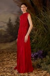 Buy_Samant Chauhan_Red Silk Beads, Fringe High Neck Embellished Pleated Cotton Floor-length Gown _Online_at_Aza_Fashions