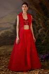 Buy_Samant Chauhan_Red Satin, Net Embroidery, Sequins Open Neck, Floral Pattern Jacket Lehenga Set _at_Aza_Fashions