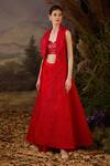 Shop_Samant Chauhan_Red Satin, Net Embroidery, Sequins Open Neck, Floral Pattern Jacket Lehenga Set _Online_at_Aza_Fashions