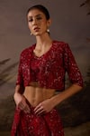Samant Chauhan_Red Organza Sequins, Zari V-, Open Zardozi Embroidered Silk Top Set _Online_at_Aza_Fashions