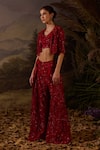Shop_Samant Chauhan_Red Organza Sequins, Zari V-, Open Zardozi Embroidered Silk Top Set _Online_at_Aza_Fashions