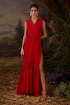 Buy_Samant Chauhan_Red Silk, Cotton Embroidery V-neck Textured Dori Work Gown _at_Aza_Fashions