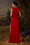 Shop_Samant Chauhan_Red Silk, Cotton Embroidery V-neck Textured Dori Work Gown _at_Aza_Fashions
