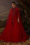 Shop_Samant Chauhan_Red Silk Embroidery High Neck Zardozi Pleated Cotton Long Gown _Online_at_Aza_Fashions