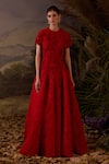 Buy_Samant Chauhan_Red Silk Embroidery Round Neck Zardozi Tonal Texture Cotton Gown _at_Aza_Fashions