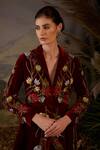 Samant Chauhan_Maroon Velvet Embroidery, Zari Mandarin Collar Front-opening Gown _Online_at_Aza_Fashions
