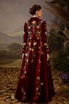 Shop_Samant Chauhan_Maroon Velvet Embroidery, Zari Mandarin Collar Front-opening Gown _at_Aza_Fashions