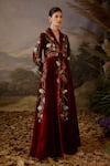 Buy_Samant Chauhan_Maroon Velvet Embroidery, Zari Mandarin Collar Front-opening Gown _Online_at_Aza_Fashions