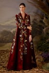 Buy_Samant Chauhan_Maroon Velvet Embroidery, Zari Mandarin Collar Front-opening Gown _at_Aza_Fashions