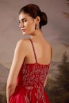 Samant Chauhan_Red Cotton, Net Embroidery, Sequins V-neck And Spaghetti Strap Gown _Online_at_Aza_Fashions
