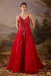 Buy_Samant Chauhan_Red Cotton, Net Embroidery, Sequins V-neck And Spaghetti Strap Gown _at_Aza_Fashions