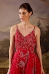 Shop_Samant Chauhan_Red Cotton, Net Embroidery, Sequins V-neck And Spaghetti Strap Gown _Online_at_Aza_Fashions