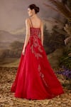 Shop_Samant Chauhan_Red Cotton, Net Embroidery, Sequins V-neck And Spaghetti Strap Gown _at_Aza_Fashions
