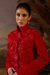 Samant Chauhan_Red Cotton, Chiffon Embroidery Mandarin Collar And Dress & Jacket Set _at_Aza_Fashions