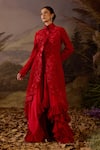 Buy_Samant Chauhan_Red Cotton, Chiffon Embroidery Mandarin Collar And Dress & Jacket Set _at_Aza_Fashions