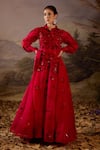 Buy_Samant Chauhan_Red Silk Organza Embroidery, Sequins Collared Floral Gown _at_Aza_Fashions