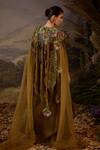 Shop_Samant Chauhan_Olive Green Silk, Organza Bandeau , Round Cotton And Gown & Cape Set _at_Aza_Fashions