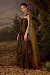 Buy_Samant Chauhan_Olive Green Silk, Organza Bandeau , Round Cotton And Gown & Cape Set _Online_at_Aza_Fashions