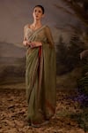 Buy_Samant Chauhan_Olive Green Organza Embroidery Sweetheart Neck Floral Silk Saree And Blouse Set _at_Aza_Fashions