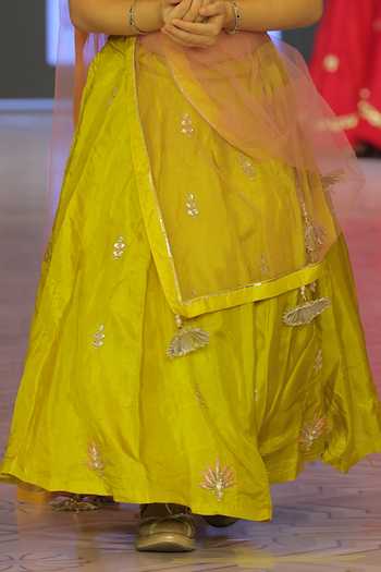 Buy_Yuvraani Jaipur_Yellow Cotton, Net Embroidery Hand Lehenga Set _Online_at_Aza_Fashions
