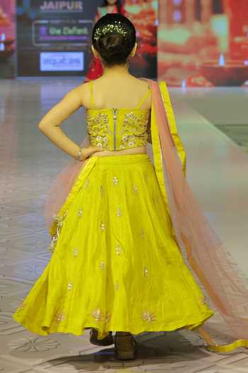 Shop_Yuvraani Jaipur_Yellow Cotton, Net Embroidery Hand Lehenga Set _at_Aza_Fashions