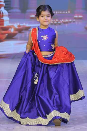 Yuvraani Jaipur_Navy Silk, Georgette Embroidery, Tafetta Lehenga Set With Halter Neck Blouse _Online_at_Aza_Fashions