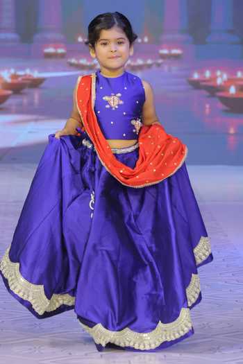 Shop_Yuvraani Jaipur_Navy Silk, Georgette Embroidery, Tafetta Lehenga Set With Halter Neck Blouse _Online_at_Aza_Fashions