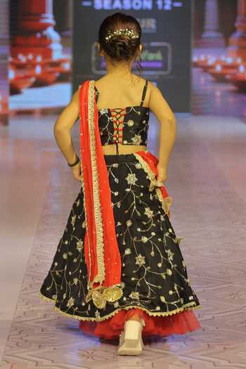 Shop_Yuvraani Jaipur_Black Silk, Cotton, Georgette Embroidery, Zari, Gota Patti Lehenga Set _at_Aza_Fashions