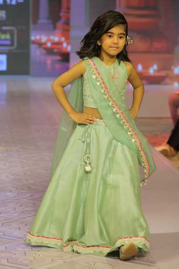 Shop_Yuvraani Jaipur_Net, Silk, Cotton Embroidery, Tassels Sage Green Lehenga Set _at_Aza_Fashions