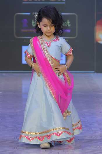 Buy_Yuvraani Jaipur_Pink Silk, Cotton, Net, Taffeta Embroidery, Zari Powder Blue Lehenga Set _at_Aza_Fashions