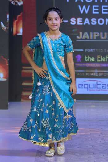 Buy_Yuvraani Jaipur_Teal Taffeta, Silk, Cotton Zari, Tassels Floral Pattern Lehenga Set _Online_at_Aza_Fashions