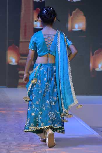 Shop_Yuvraani Jaipur_Teal Taffeta, Silk, Cotton Zari, Tassels Floral Pattern Lehenga Set _at_Aza_Fashions