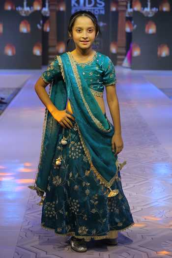 Shop_Yuvraani Jaipur_Teal Taffeta, Silk, Cotton Zari, Tassels Floral Pattern Lehenga Set _Online_at_Aza_Fashions