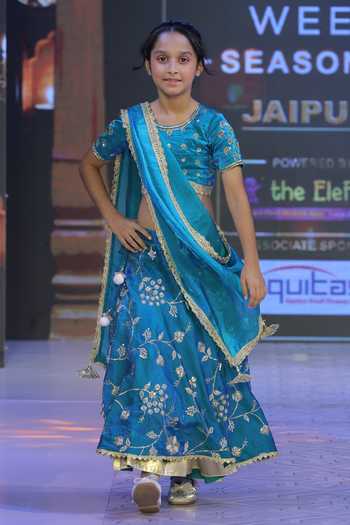 Buy_Yuvraani Jaipur_Teal Taffeta, Silk, Cotton Zari, Tassels Floral Pattern Lehenga Set 