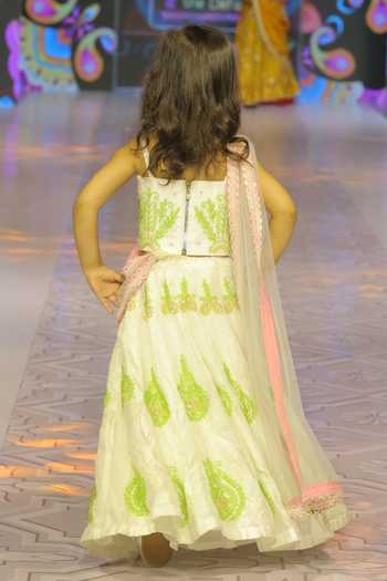 Shop_Yuvraani Jaipur_Green Cotton, Net Embroidery Hand Pure Spun Girls Lehenga Set With Dupatta _at_Aza_Fashions