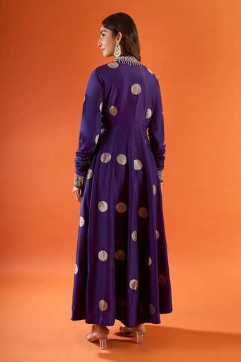 Shyam Narayan Prasad_Purple Embroidery, Metallic Thread V-neck Polka Dot Woven Anarkali Set _Online_at_Aza_Fashions