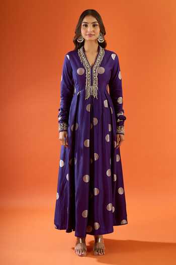 Buy_Shyam Narayan Prasad_Purple Embroidery, Metallic Thread V-neck Polka Dot Woven Anarkali Set _Online_at_Aza_Fashions