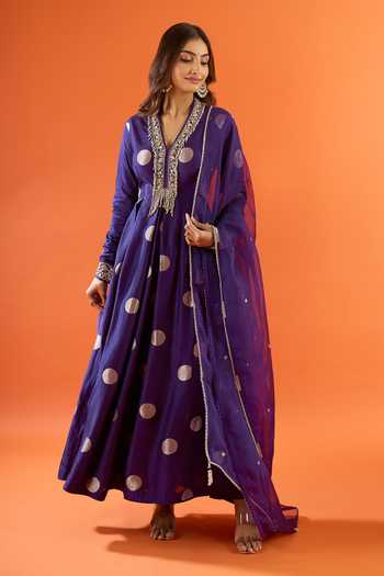 Shop_Shyam Narayan Prasad_Purple Embroidery, Metallic Thread V-neck Polka Dot Woven Anarkali Set _Online_at_Aza_Fashions