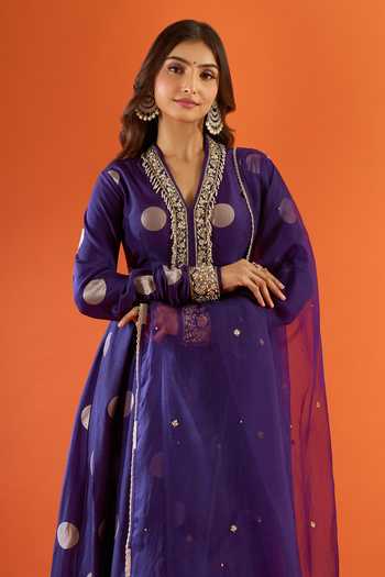 Buy_Shyam Narayan Prasad_Purple Embroidery, Metallic Thread V-neck Polka Dot Woven Anarkali Set 