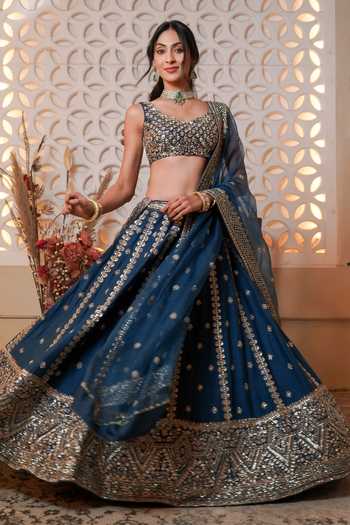 Buy_Esha Koul_Blue Silk, Organza, Crepe Embroidery, Sequins, Beads, Cut Work Raw Lehenga Set _at_Aza_Fashions