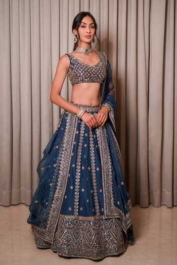 Buy_Esha Koul_Blue Silk, Organza, Crepe Embroidery, Sequins, Beads, Cut Work Raw Lehenga Set 