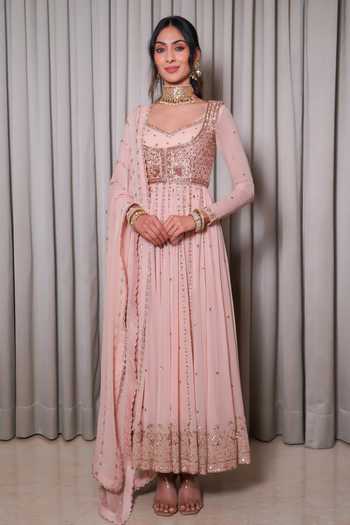 Buy_Esha Koul_Blush Silk, Georgette, Crepe Embellished Anarkali Set With Jacket And Dupatta 