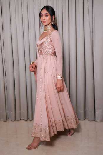 Esha Koul_Blush Silk, Georgette, Crepe Embellished Anarkali Set With Jacket And Dupatta _Online