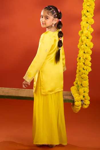 Shop_Petite Pomme_Yellow Satin, Organza Embroidery Kurta Set _Online
